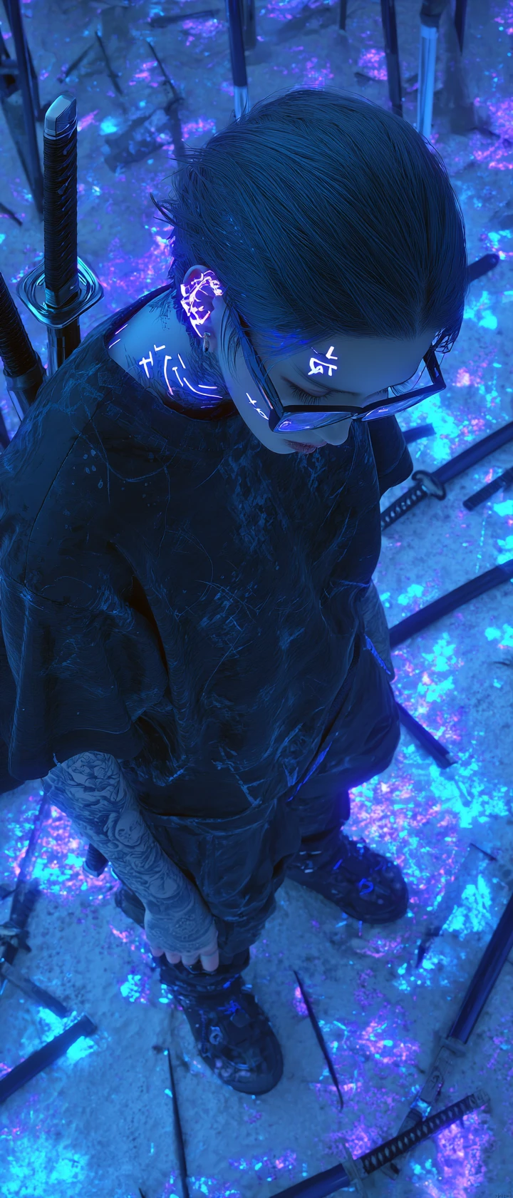 Cyberpunk warrior with glowing runes in a field of swords