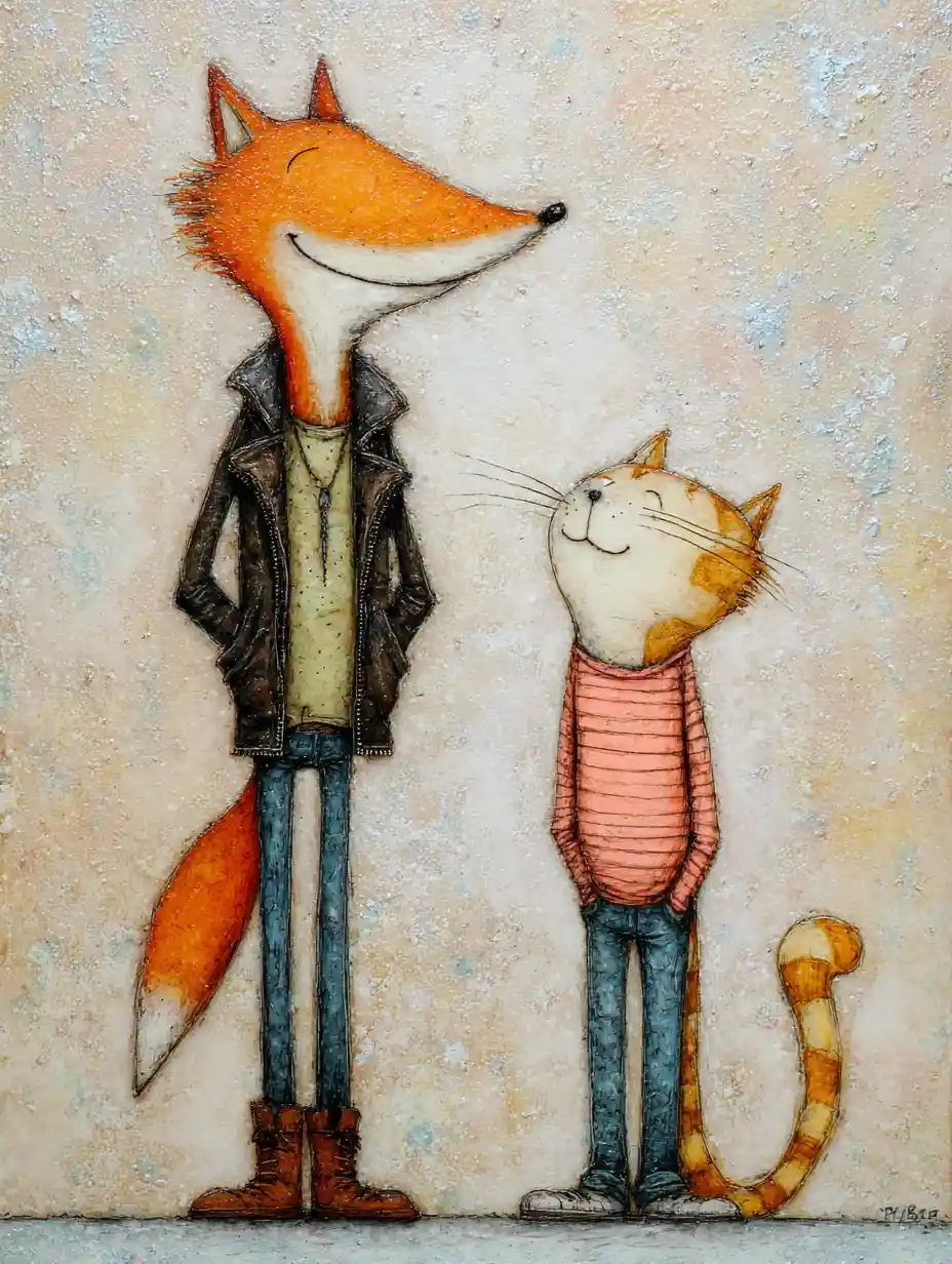 Volpe e gatto tigrato che chiacchierano in un fiabesco dipinto mixed media