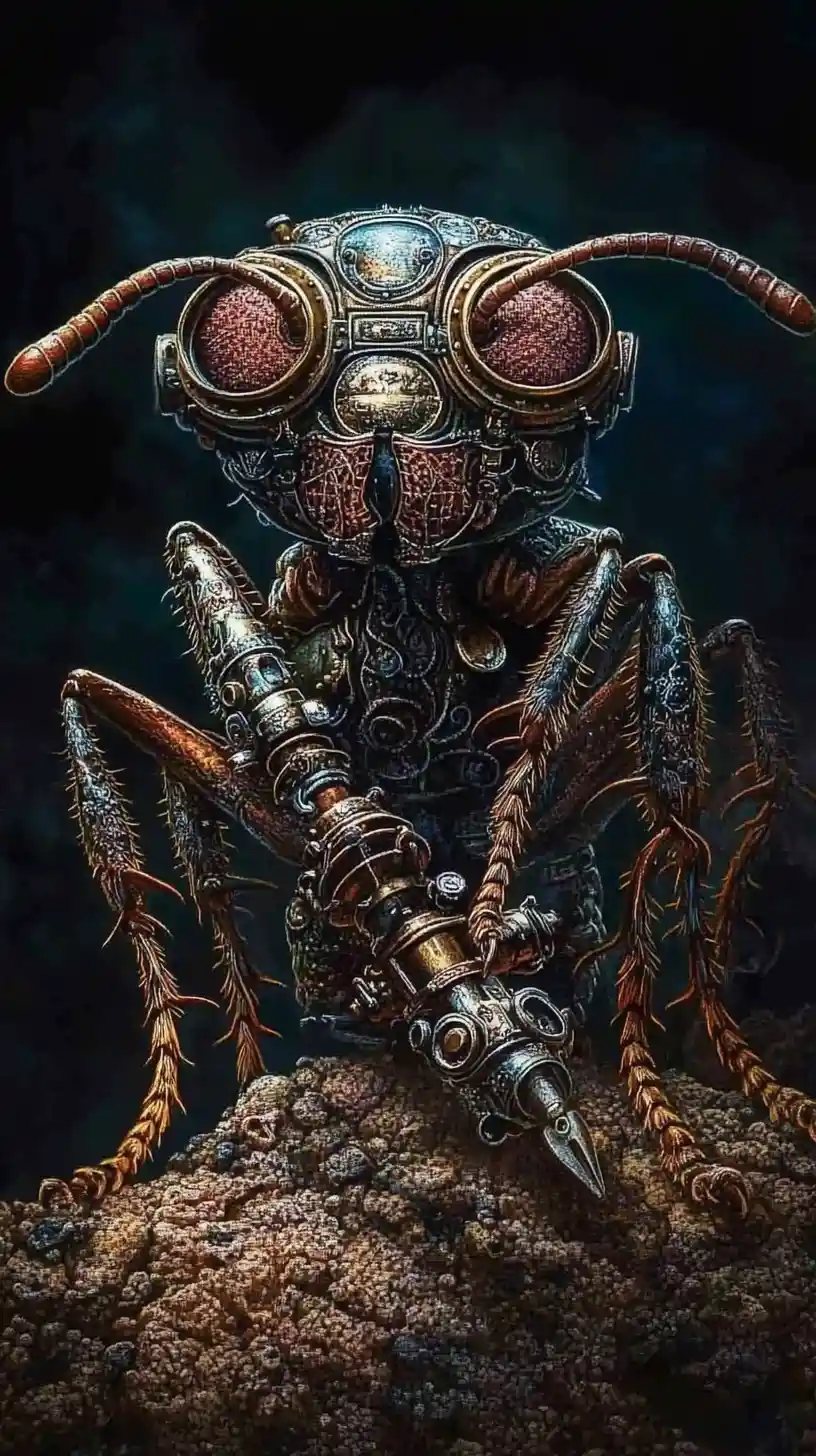Steampunk Ant With Goggles And Tools In Victorian World