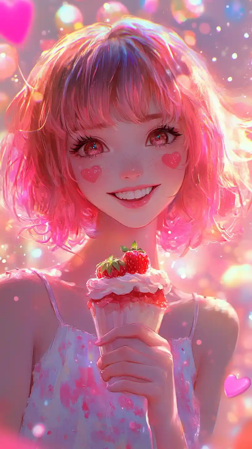 Ragazza anime con parfait alla fragola in una scena pastello luminosa