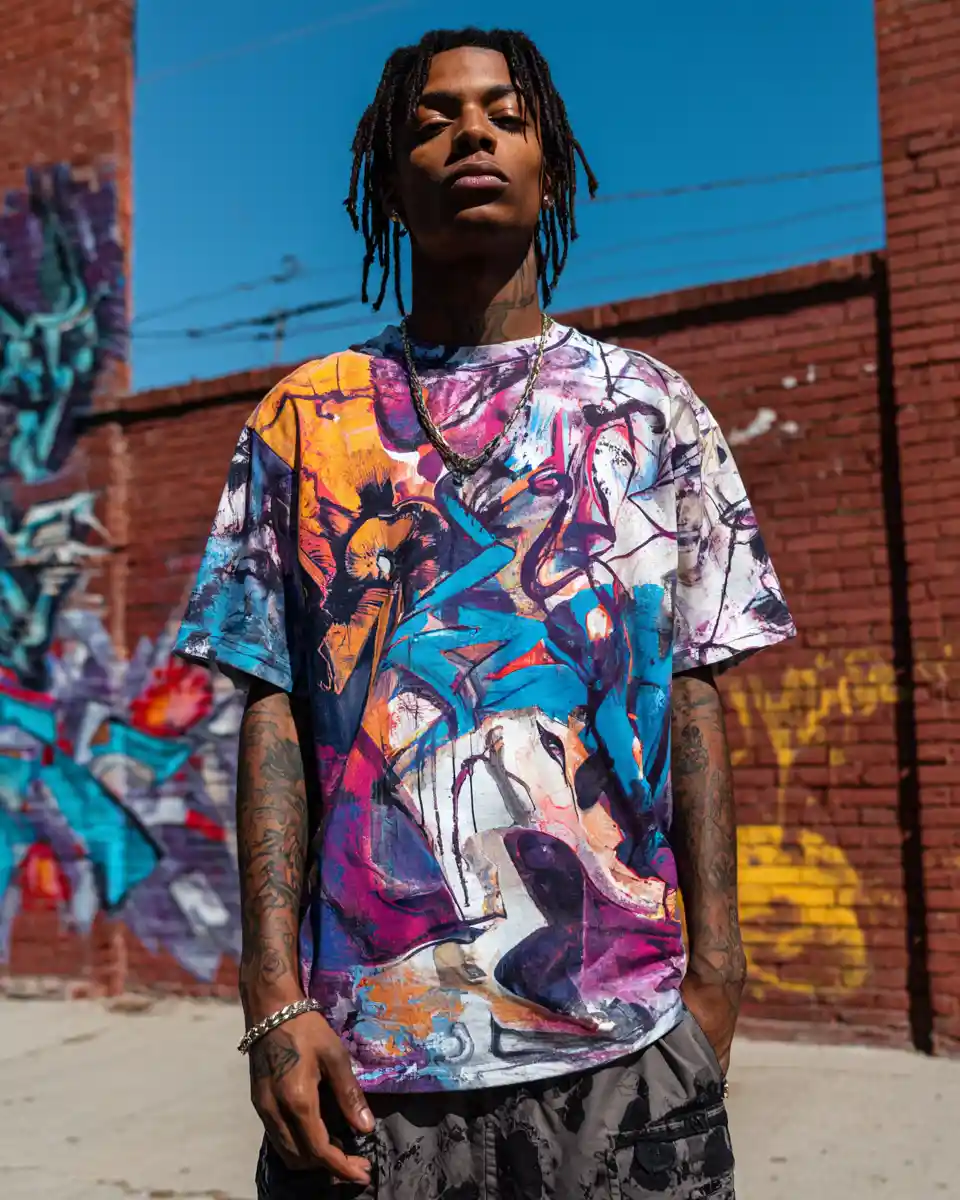 Abstract streetwear t shirt graphic design on blank garment