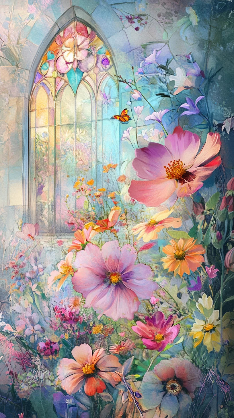 Whimsical pastel village filled with dreamy blooming florals