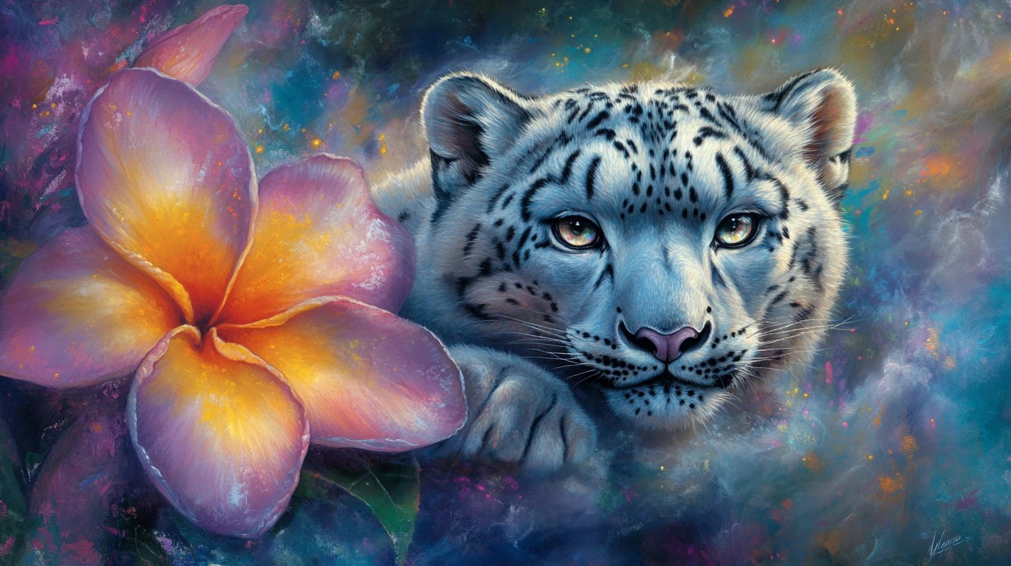 Leopardo de las nieves emergiendo de la niebla y flor en flor