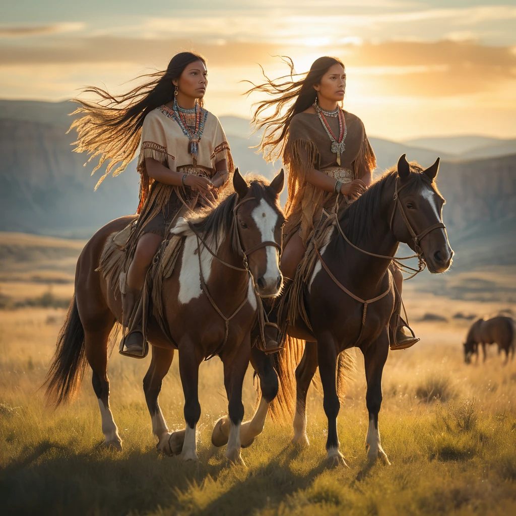 Native American women on horseback in windy Wyoming sunset