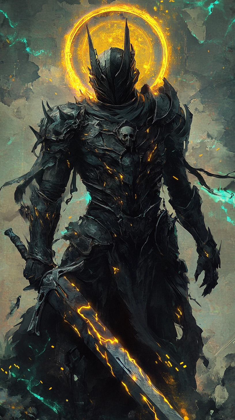 Armored knight with glowing runes and mystic halo sigil