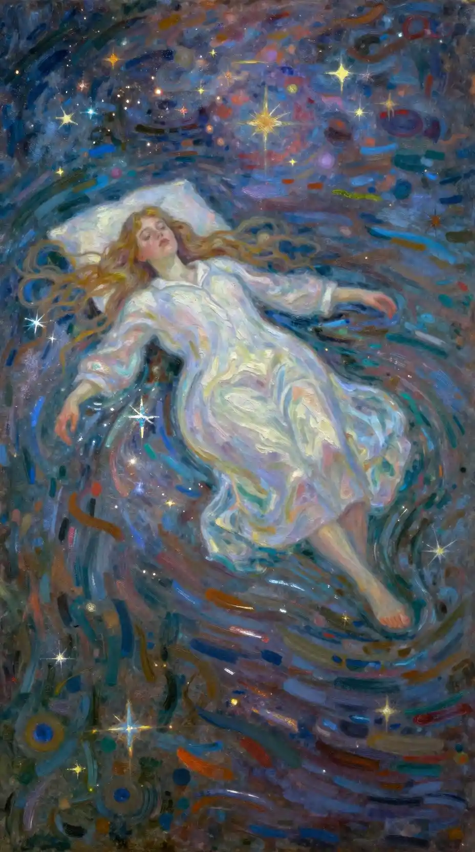 Woman Floating On A Cosmic River In Dreamlike Night Sky