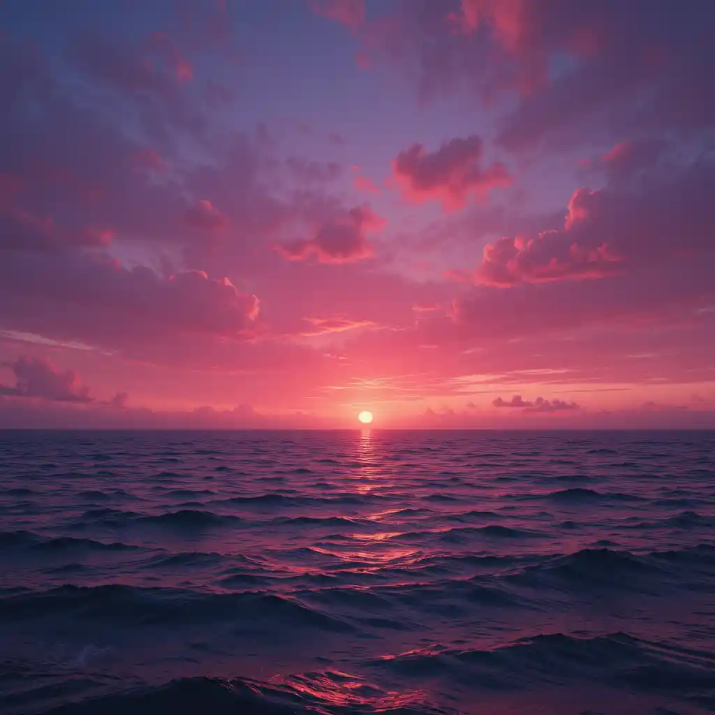 Cinematic sunset sky over a tranquil open ocean horizon