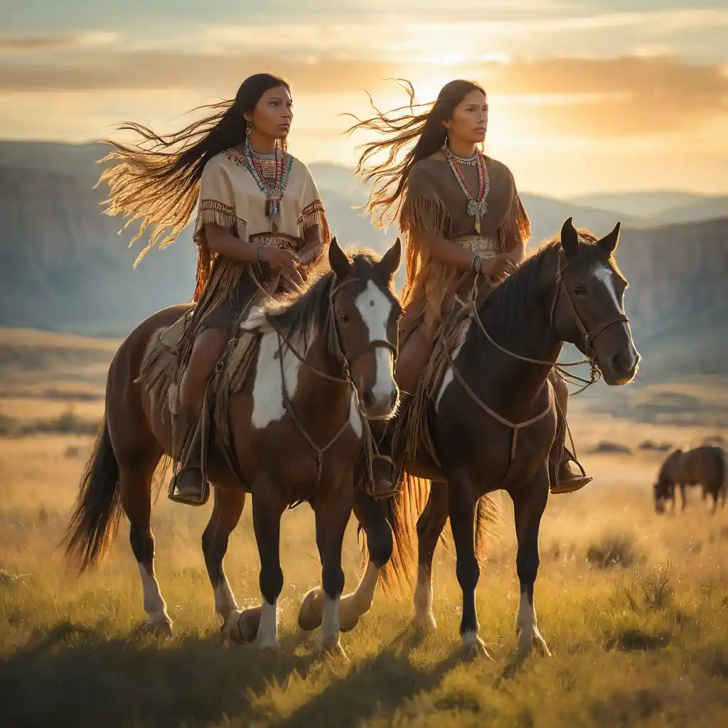 Native American women on horseback in windy Wyoming sunset