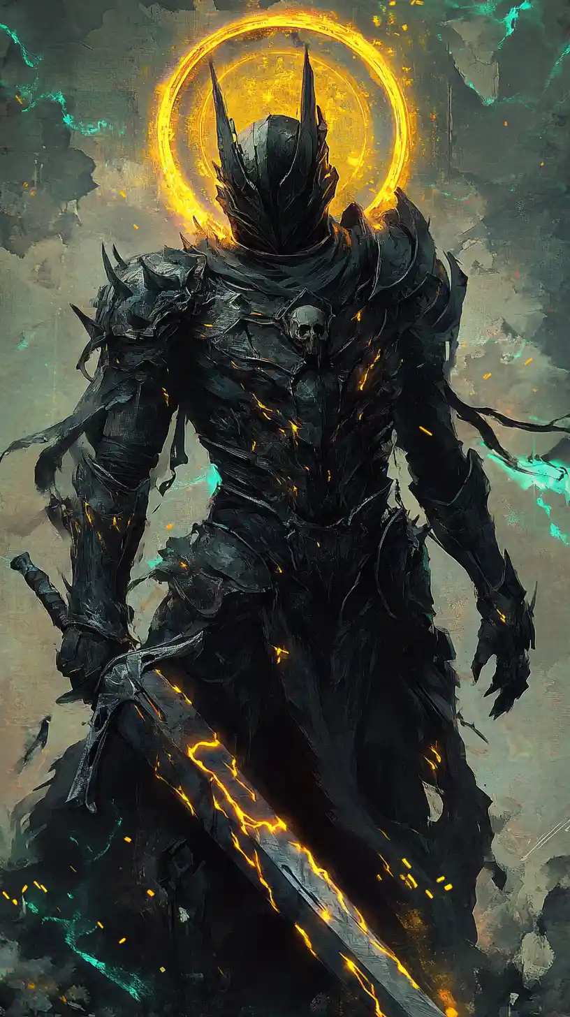 Armored knight with glowing runes and mystic halo sigil