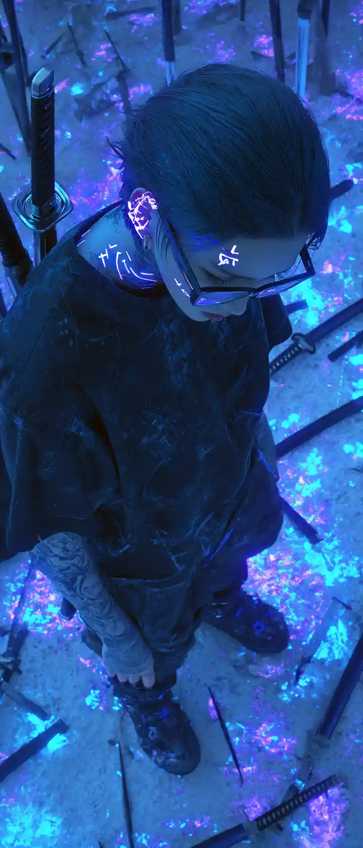Cyberpunk warrior with glowing runes in a field of swords