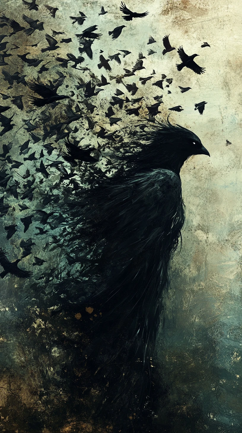 Winged figure dissolving into a swirling flock of birds