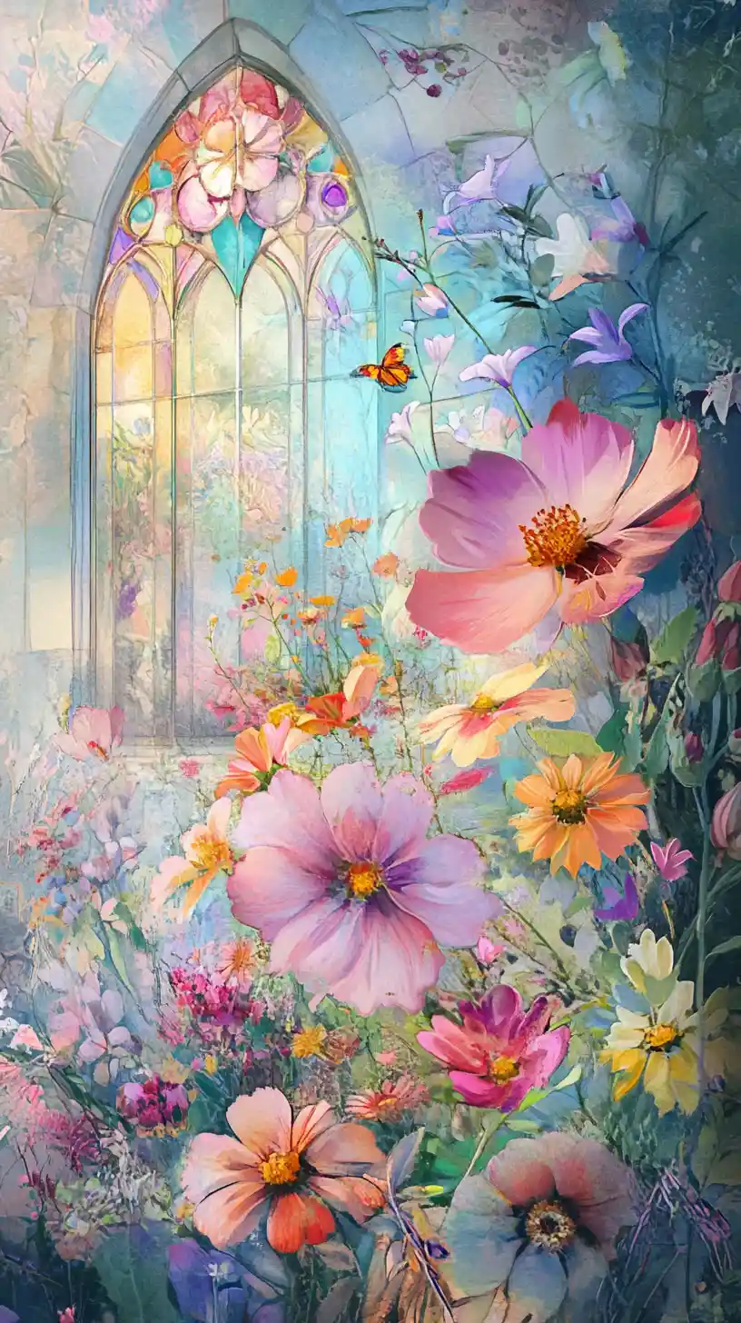 Whimsical pastel village filled with dreamy blooming florals