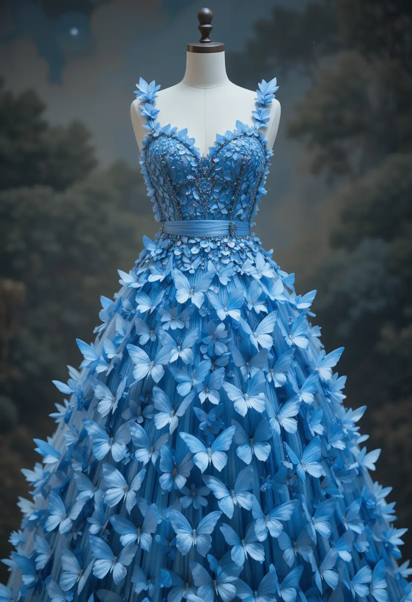 Blue butterfly silk dress with gemstone ribbon bodice
