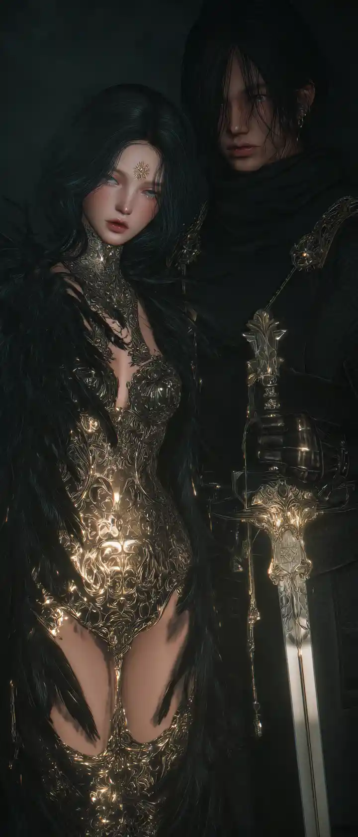 Mystical sister and brother in a dark ethereal realm