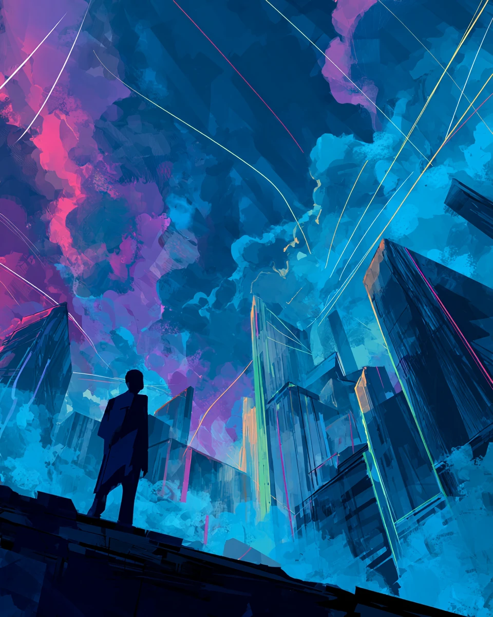 Futuristic neon city skyline with towering skyscrapers