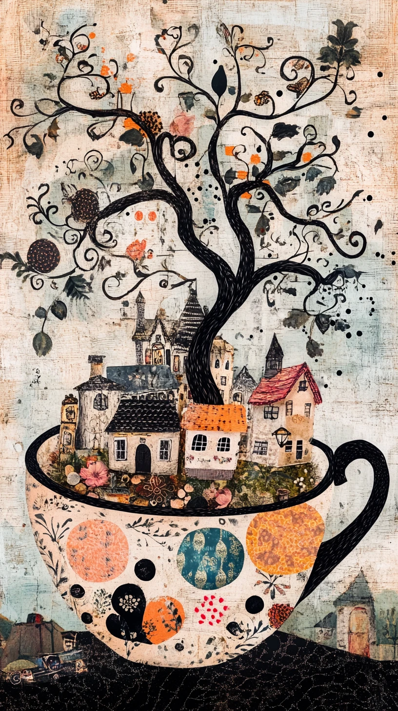 Whimsical miniature village nestled inside a cozy teacup