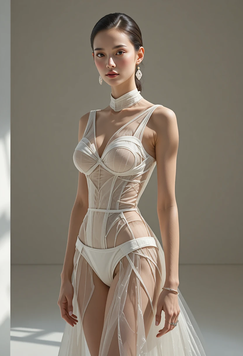 High fashion woman in transparent couture studio illustration