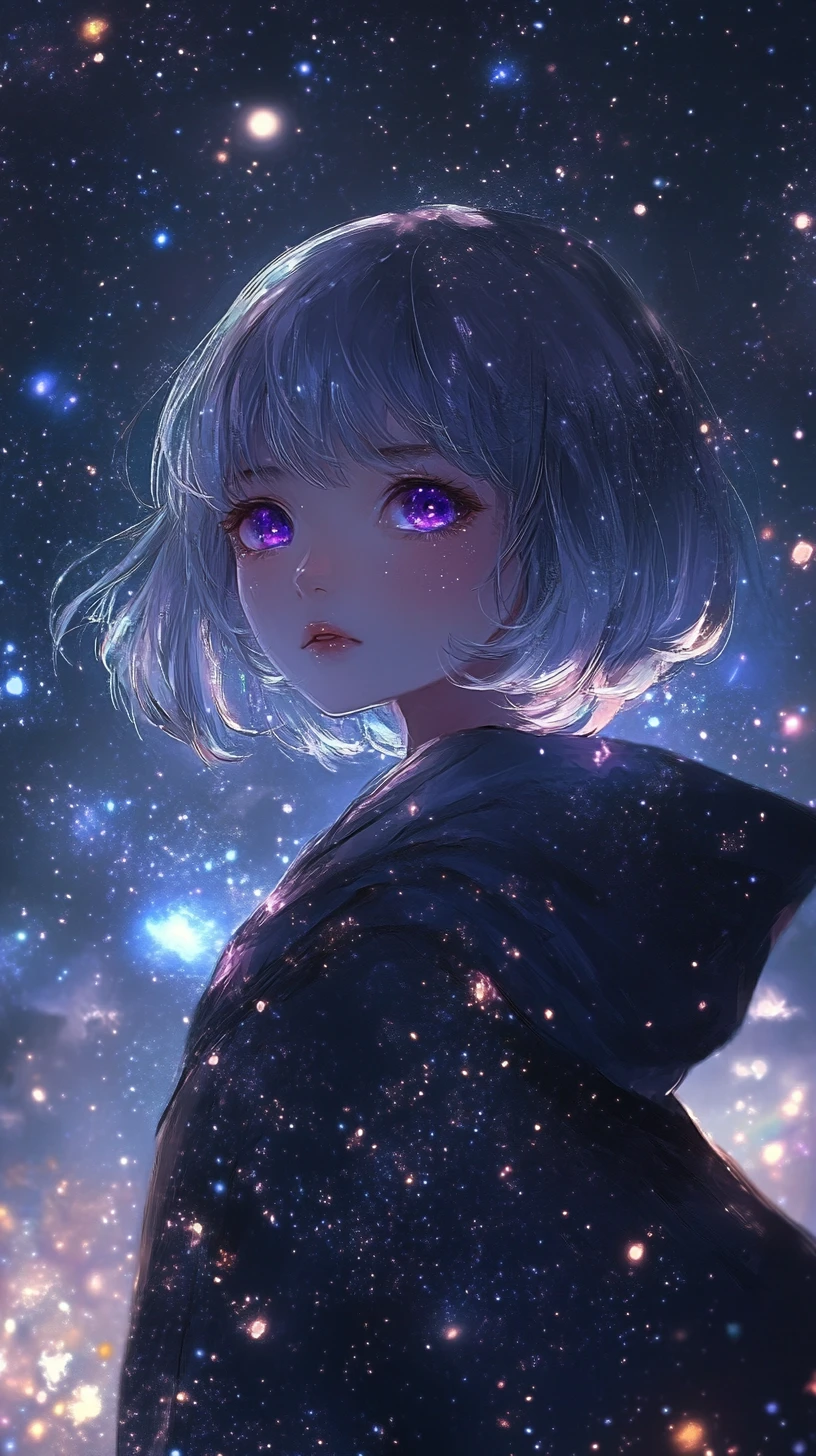 Anime girl beneath a star filled night sky