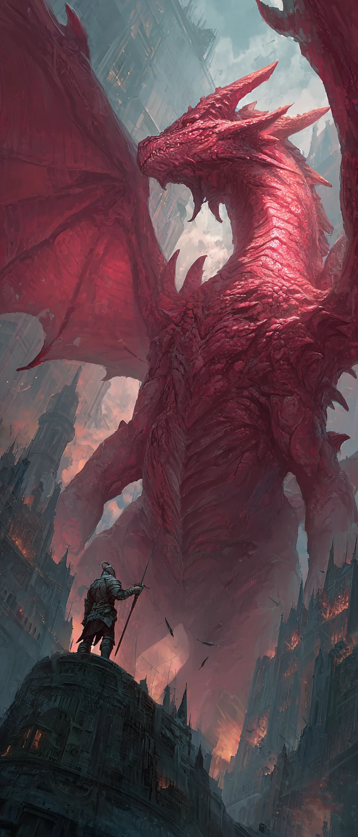 Armored warrior faces ancient crimson dragon over ruined city