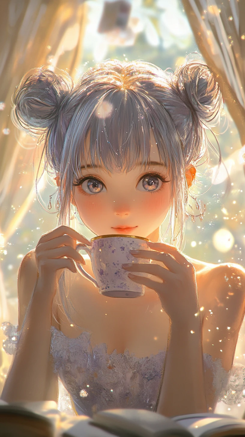 Anime girl sipping tea in a dreamy sunlit room
