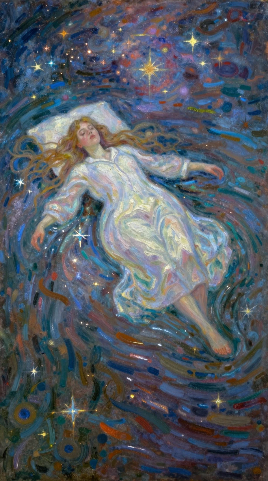Woman Floating On A Cosmic River In Dreamlike Night Sky