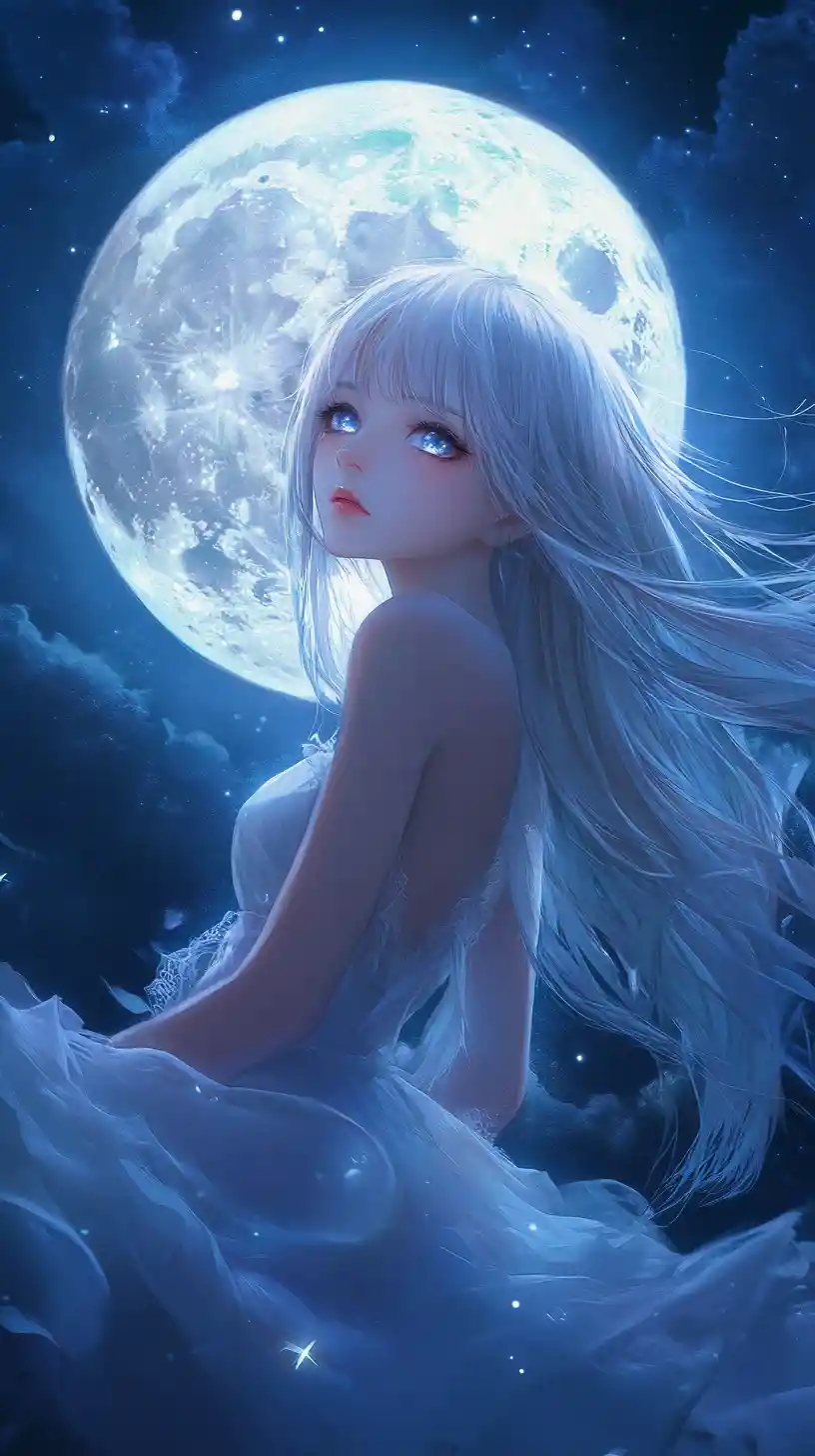 Anime girl under glowing full moon with silver hair