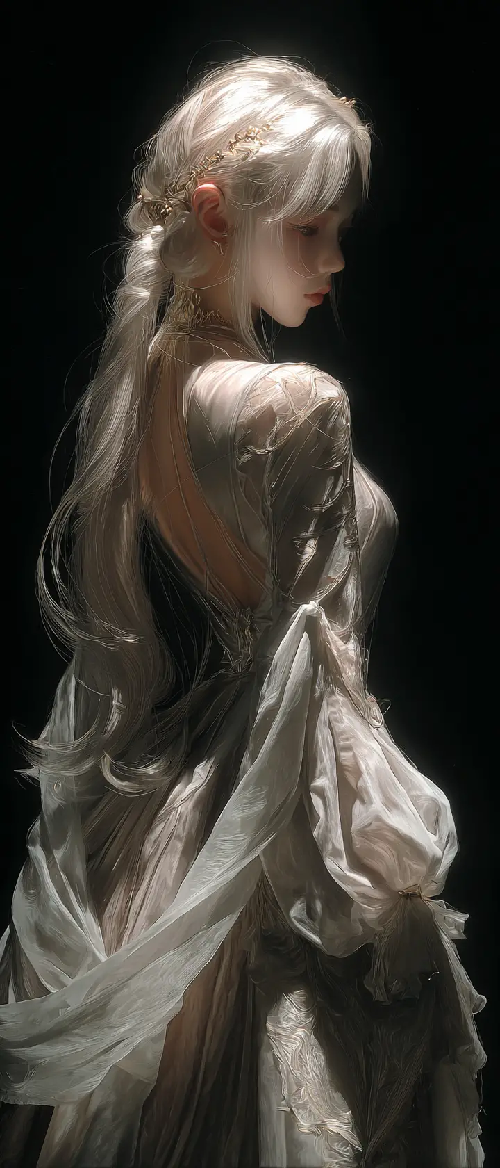 Royal maiden descending stairs into a dark alley