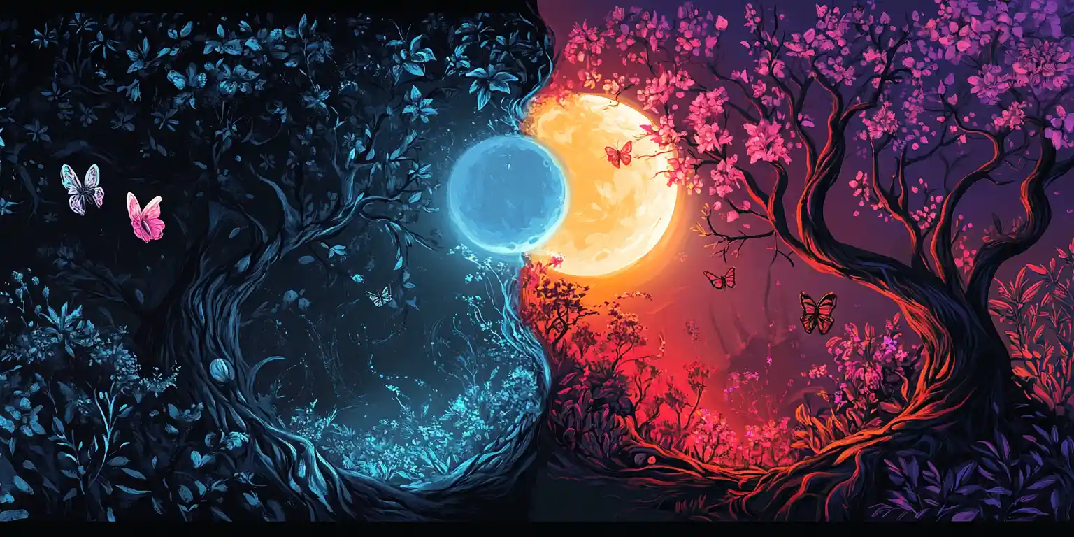 Fairytale diptych of trees and vines under glowing moon