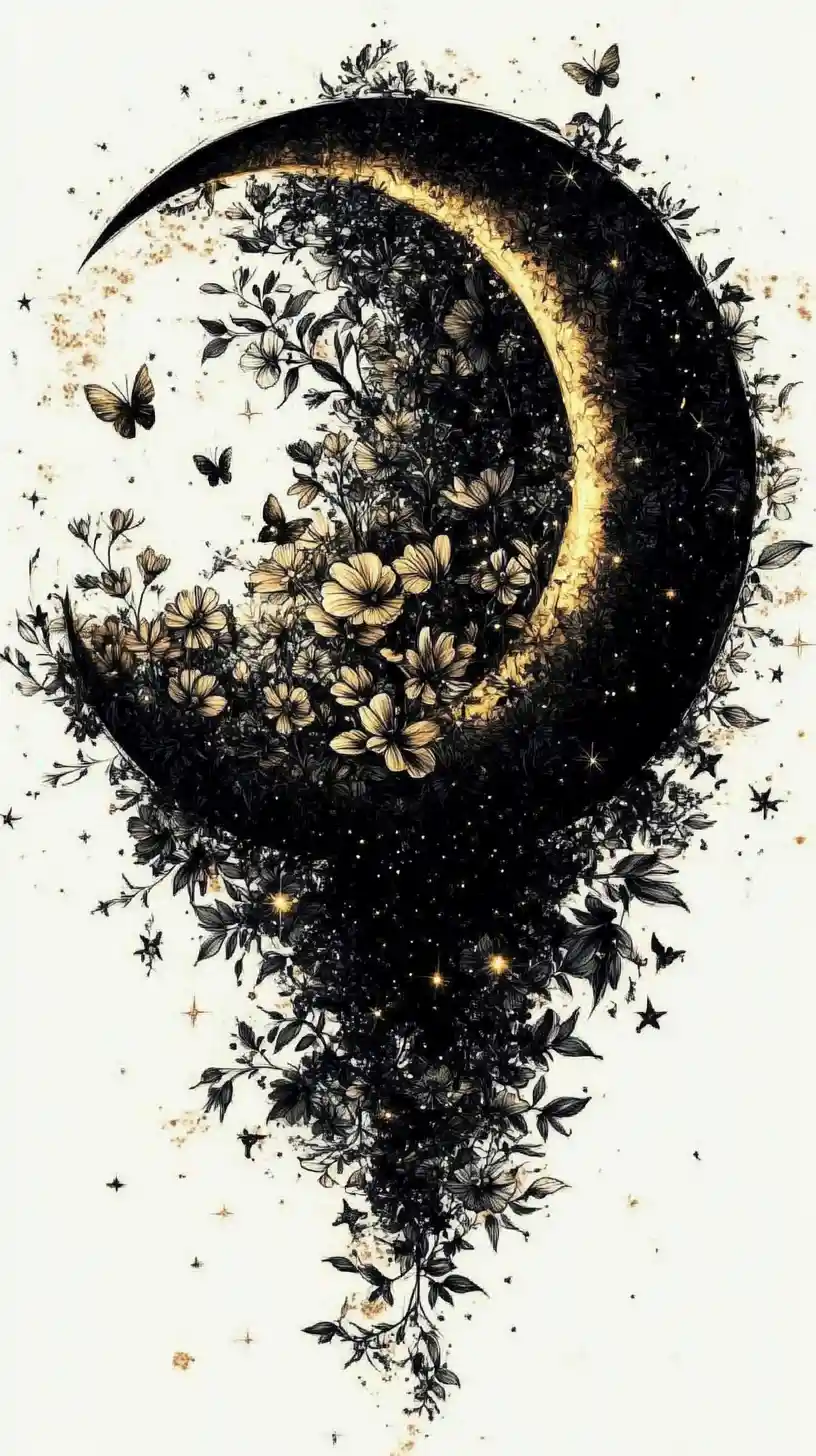 Crescent Moon Melting Into Floral Bouquet Line Art
