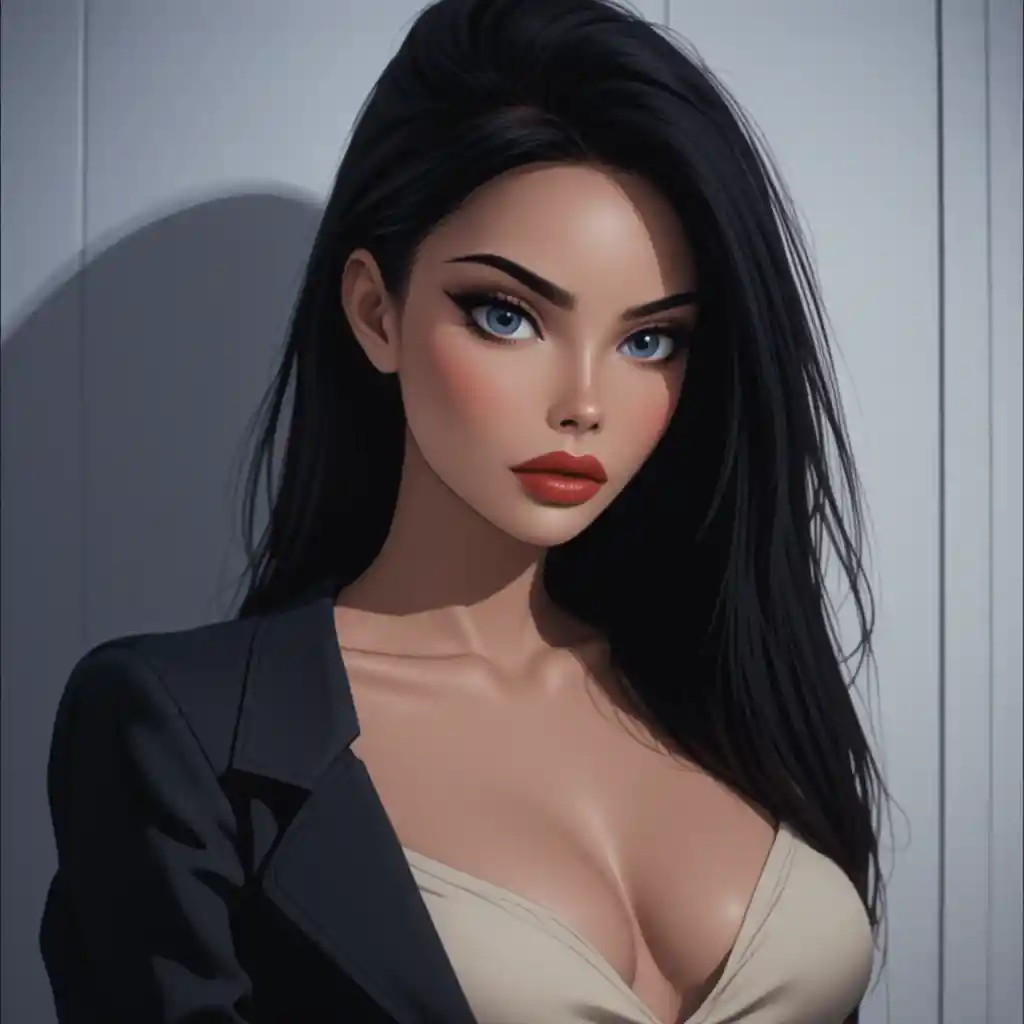 Glamorous woman in black jacket against plain white wall