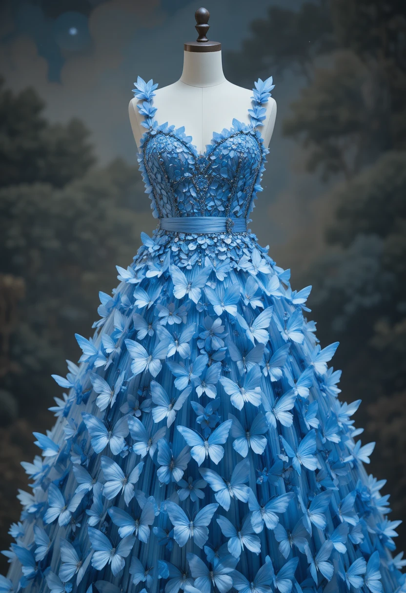 Blue butterfly silk dress with gemstone ribbon bodice