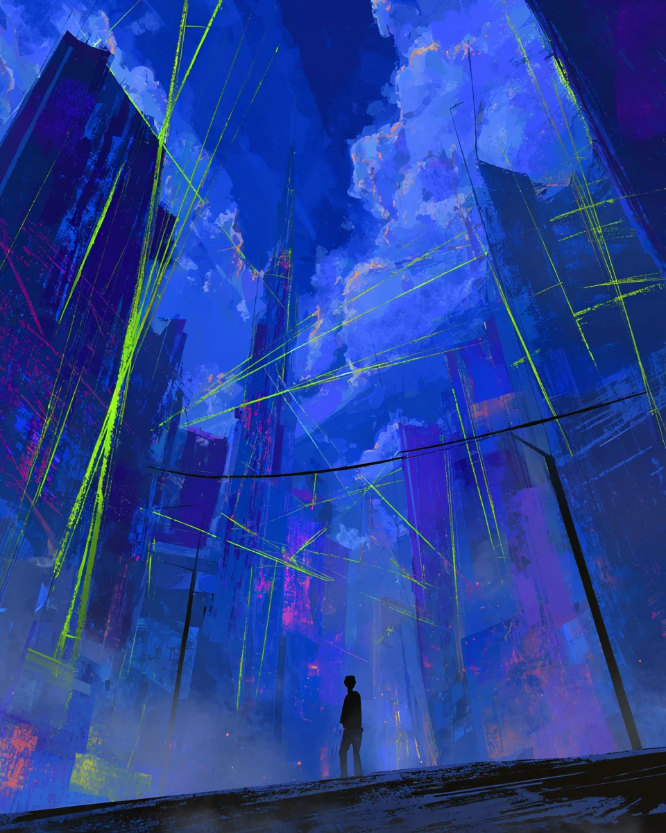 Futuristische Neon-Stadtsilhouette mit einsamer Figur
