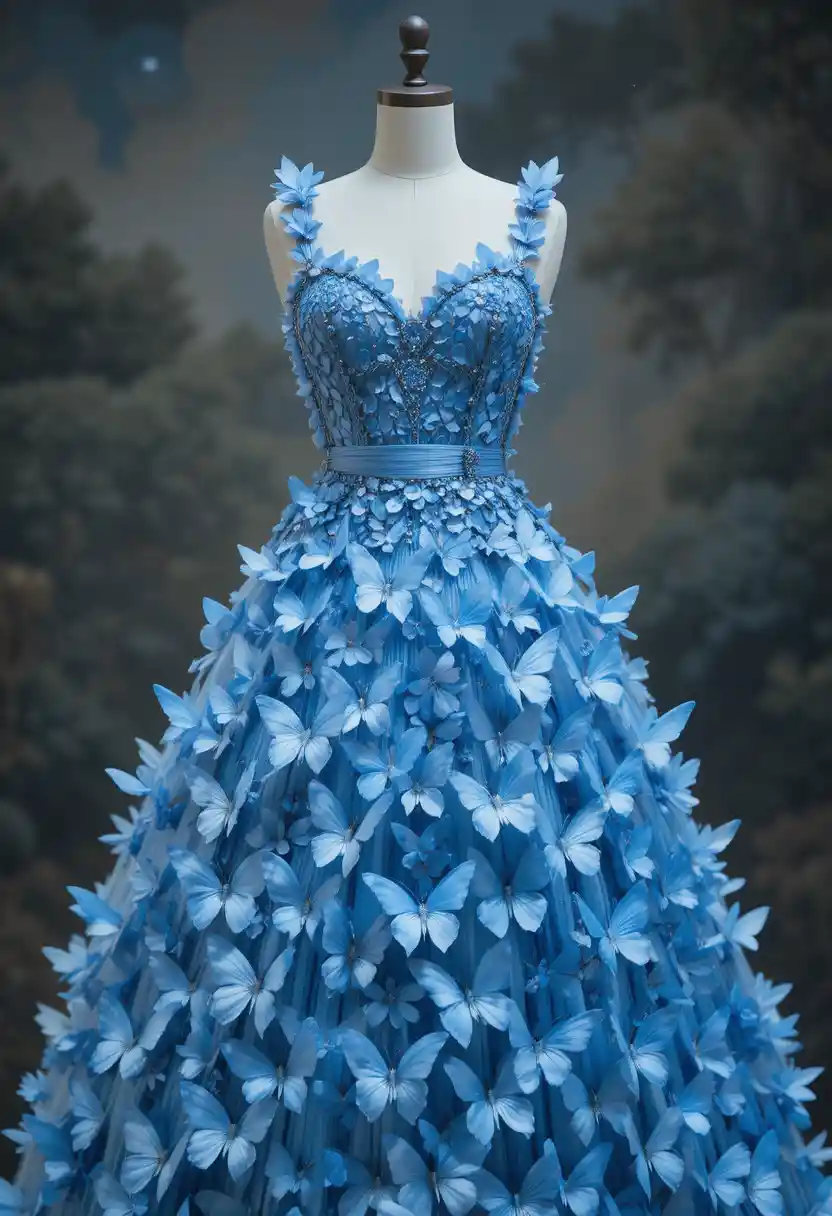 Abito in seta blu con farfalle e corpetto a nastro tempestato di gemme