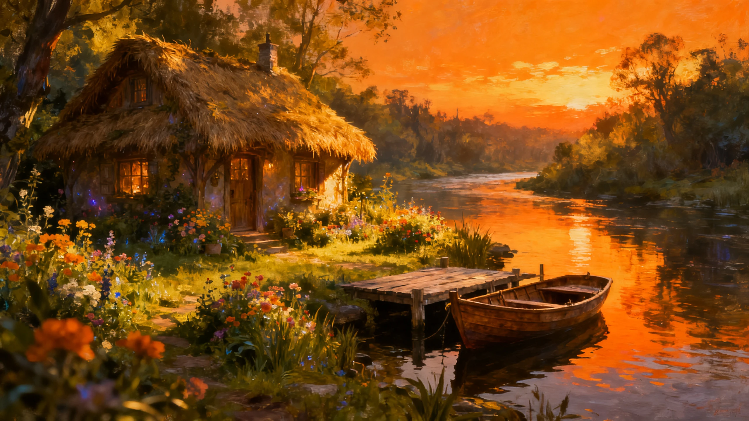 Accogliente Capanna sul Fiume al Tramonto in un Paesaggio Fantastico