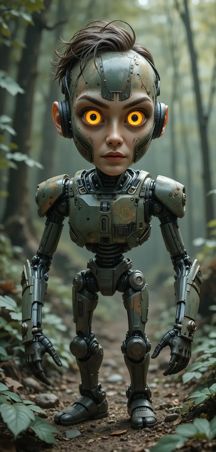 Robot umanoide in armatura mimetica in una foresta sci‑fi