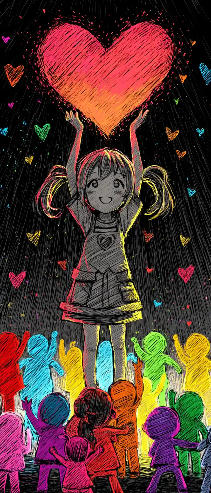 Anime girl lifting a giant glowing crayon heart