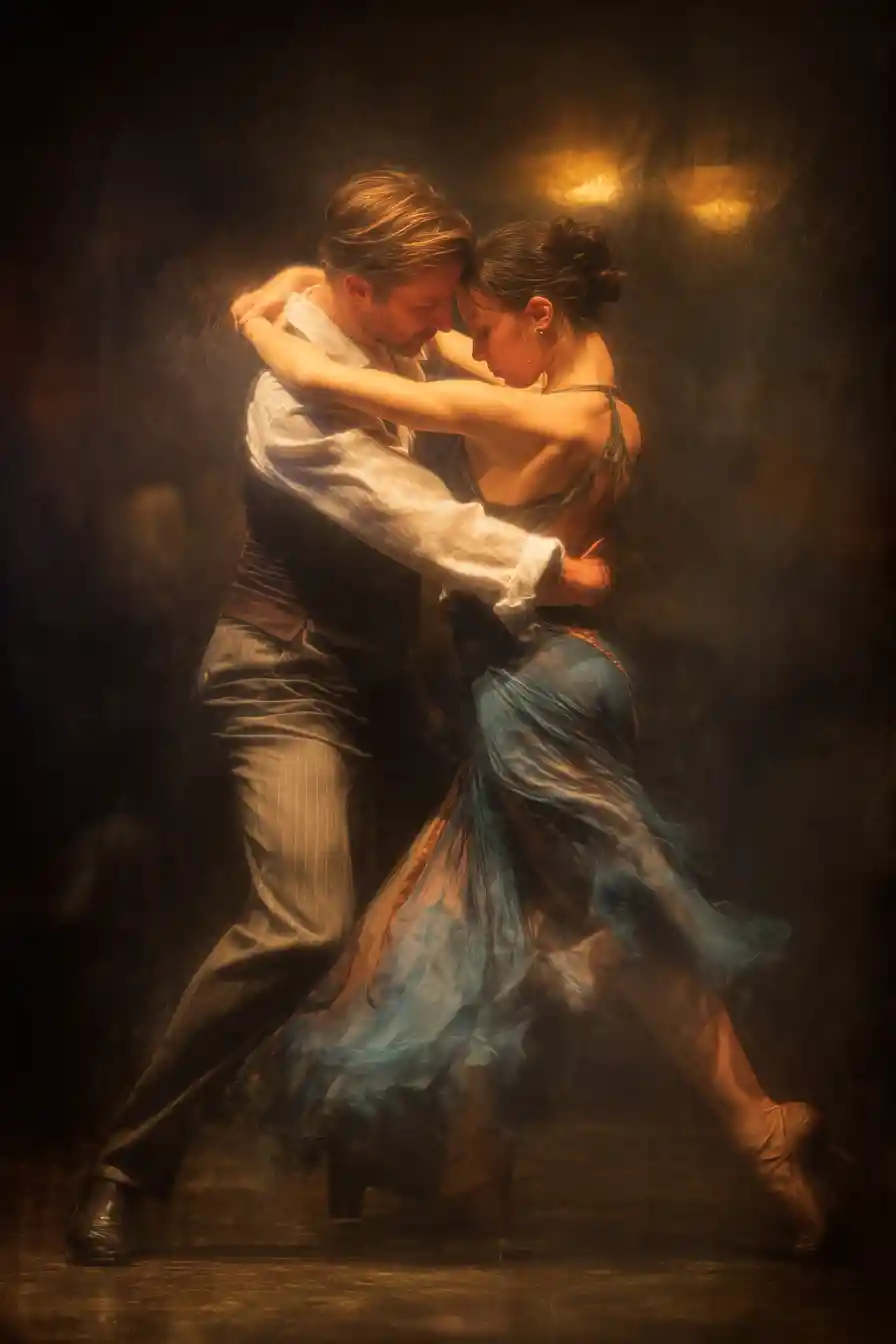 Passionate couple dancing paso doble in a rustic tavern