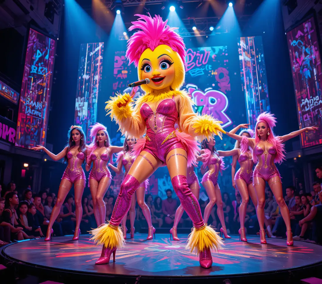 Pop star singing on a colorful concert stage at night