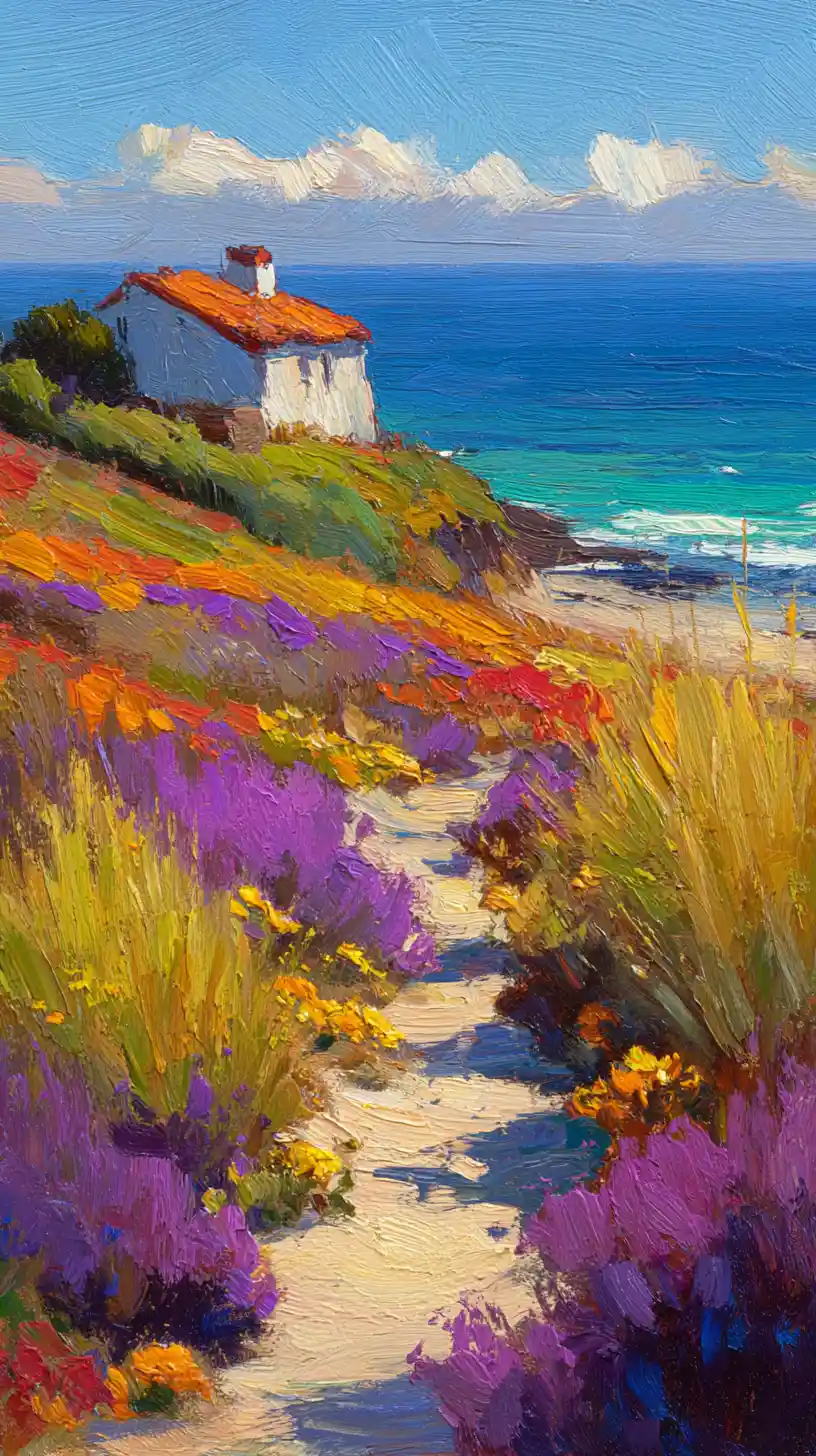 Impasto oil painting of a sunlit coastal cottage path
