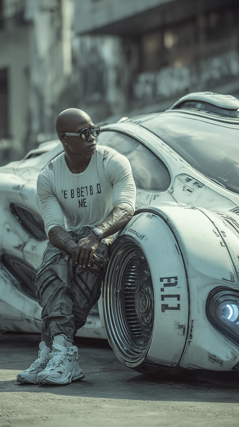 Confident bald man leaning on a sleek futuristic vehicle