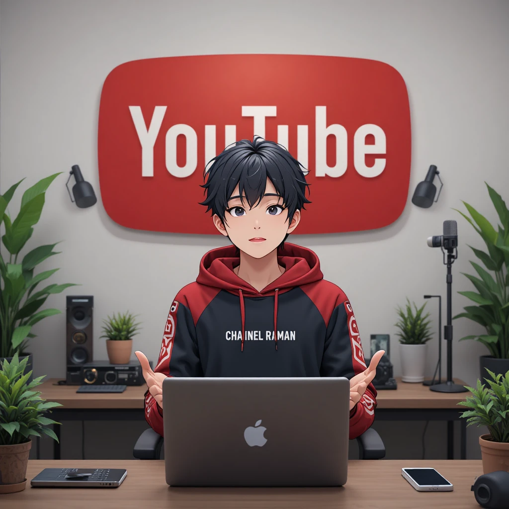 Anime boy streaming at a computer desk setup
