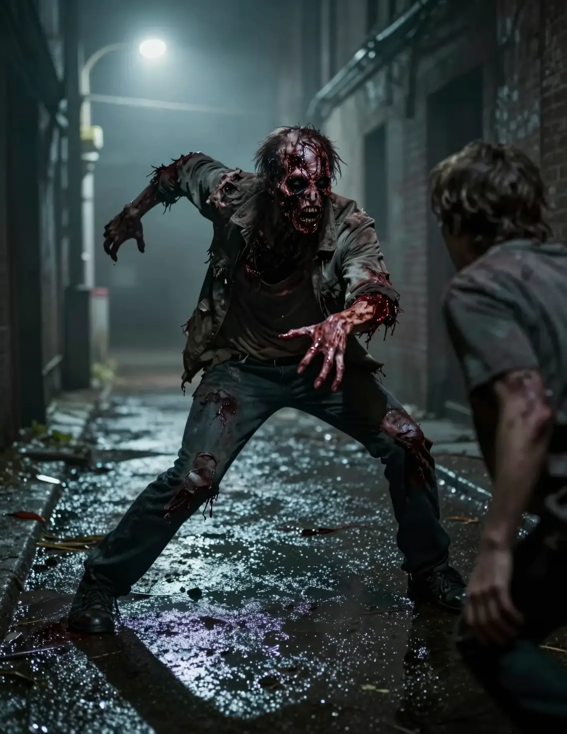 Rotting zombie lunging in a dark foggy urban alley