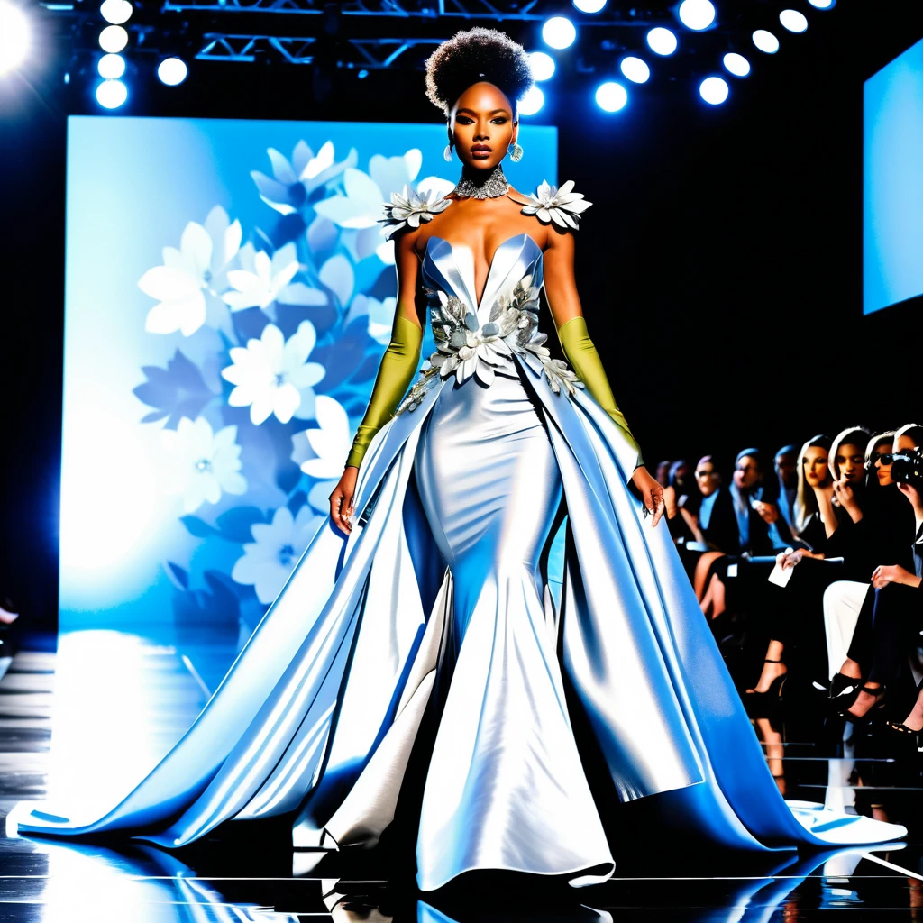 Runway model in shimmering silver couture floral gown