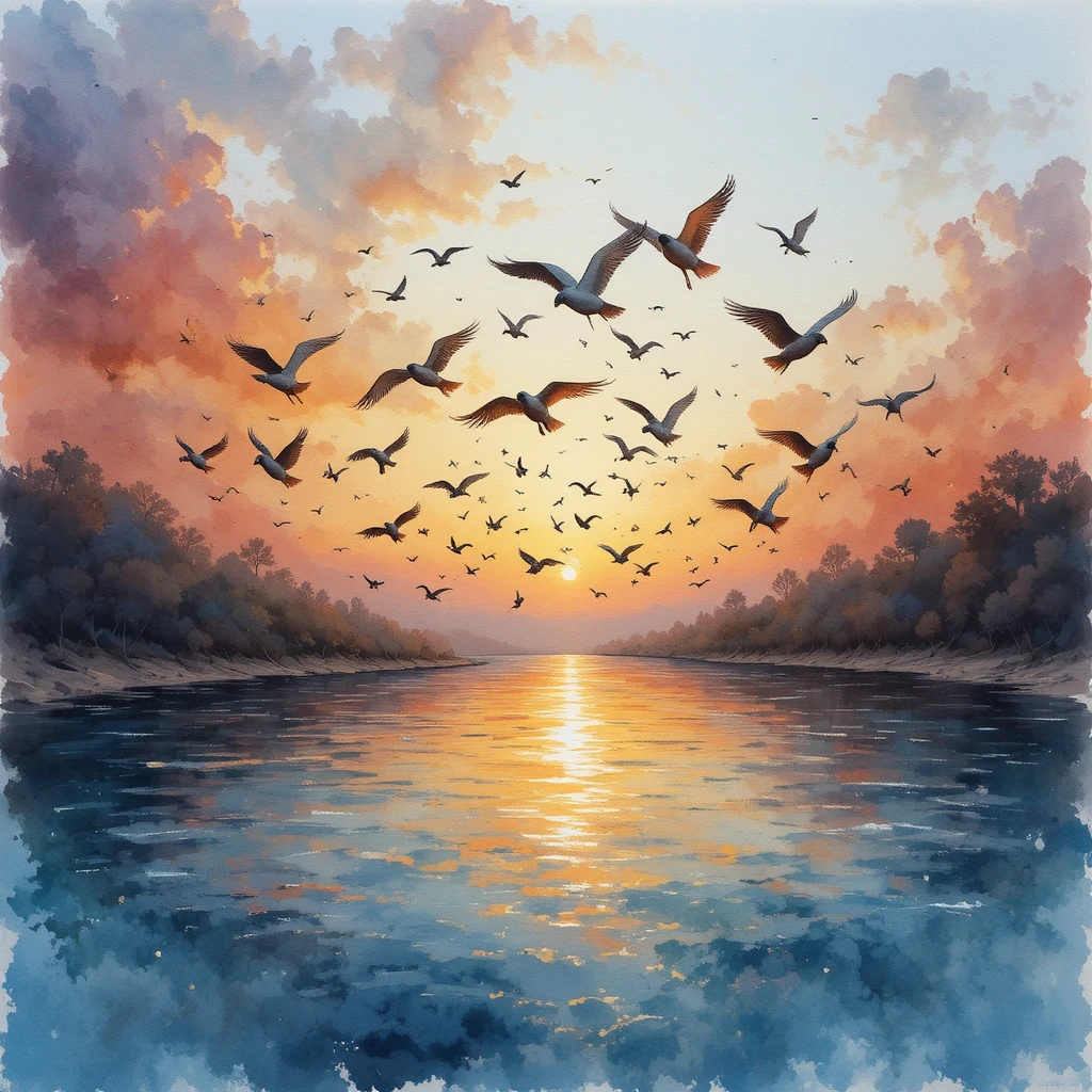Watercolor flock of birds flying above a quiet river at sunset