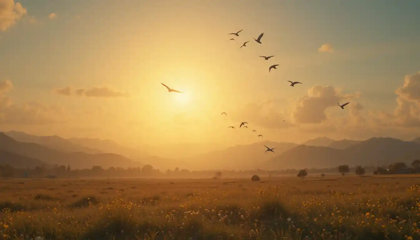 Birds Flying Toward A Bright Golden Sky Horizon