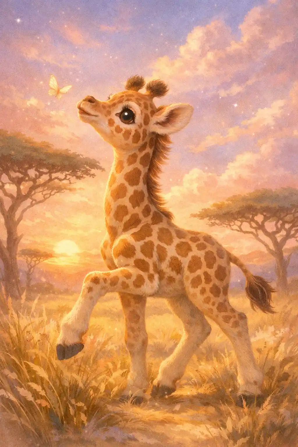 Baby giraffe walking playfully on warm African savanna