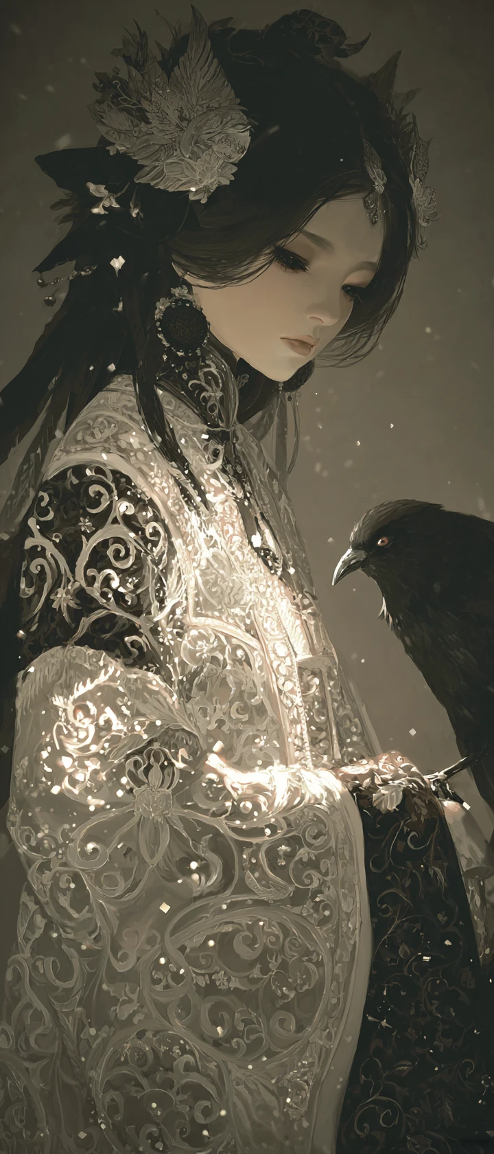Ethereal maiden glowing in embroidered haori of sorrow