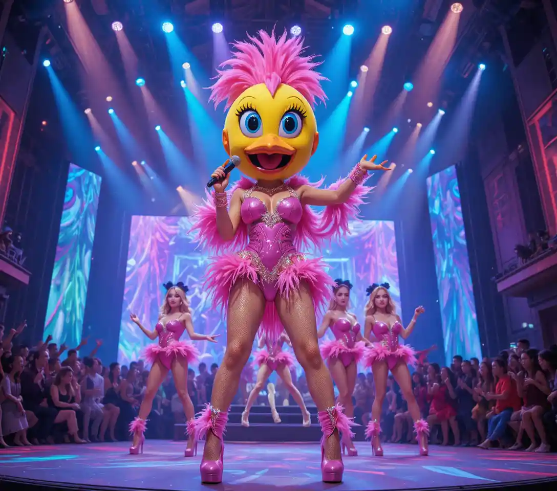 Pop singer performing on colorful concert stage