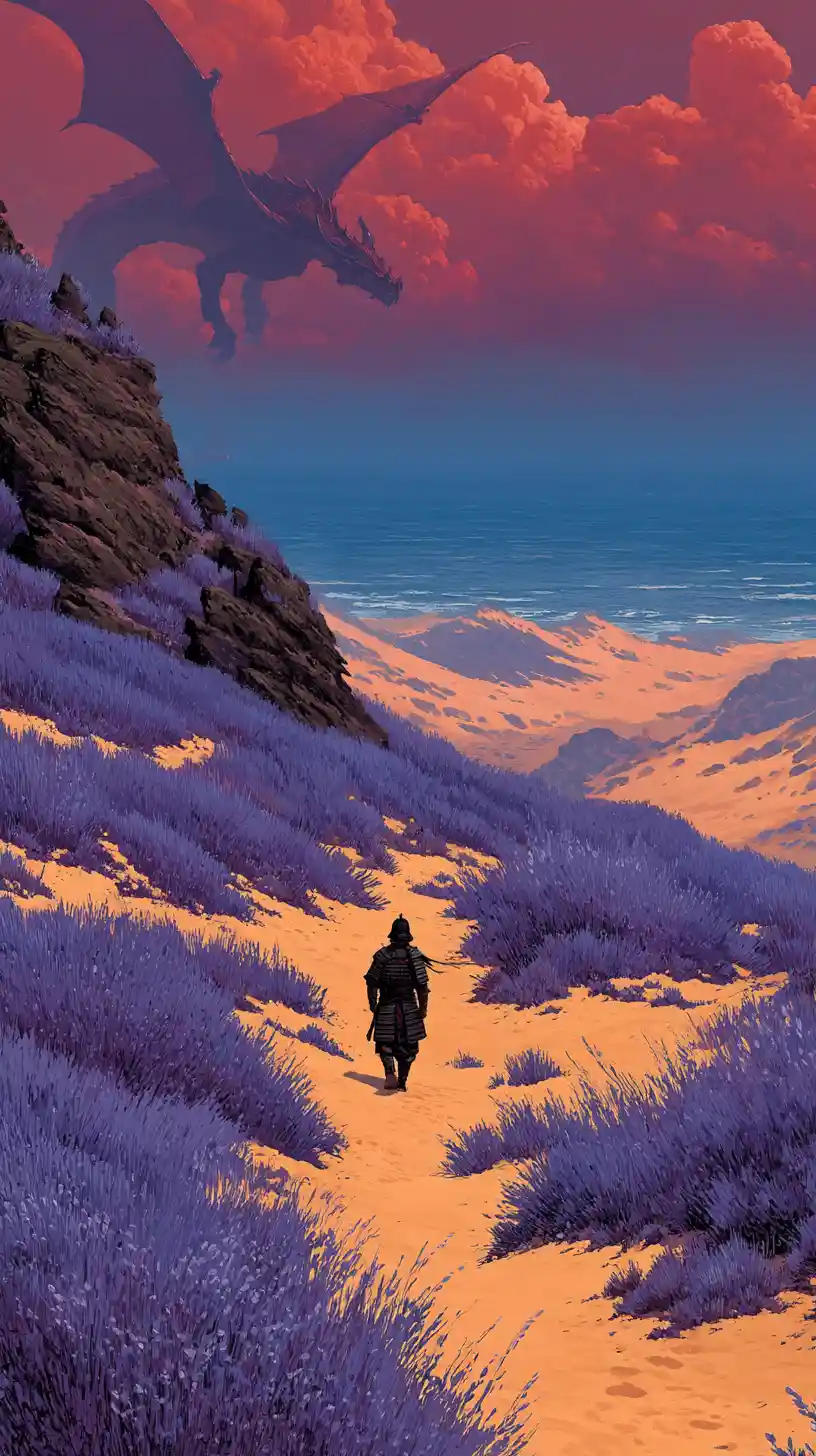 Lone samurai walking through vast dragon haunted dunes