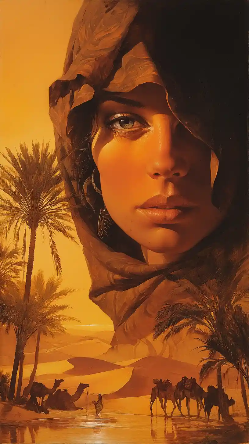 Desert goddess woman beside oasis at warm sunset
